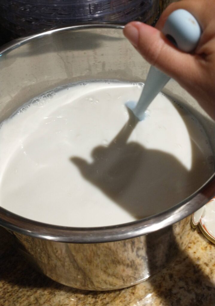 Stirring the yogurt starter into the milk