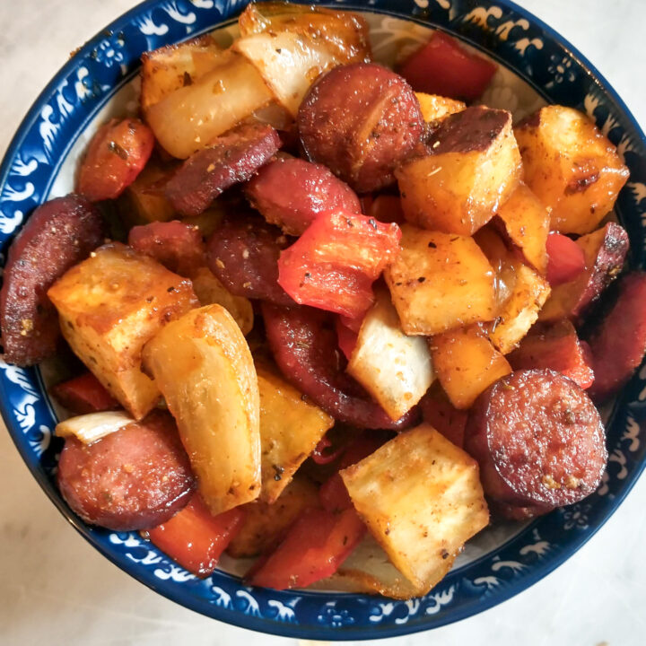 Beef sausage and sweet potato sheet pan recipe