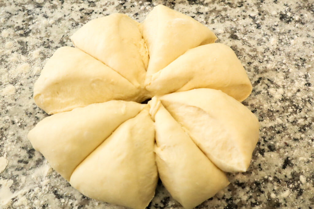 dough ball cut into eight parts