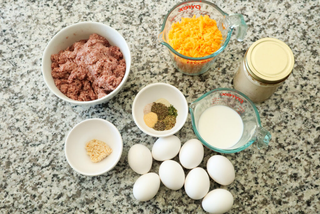 ingredients on counter for ground beef and egg casserole