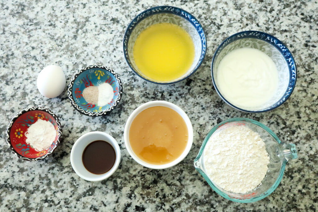 ingredients for honey cupcakes on counter