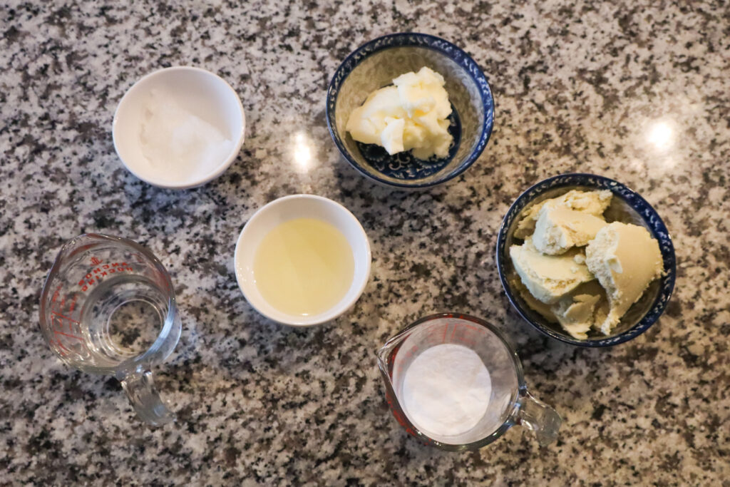 weighed out ingredients for shea butter and tallow shampoo bars