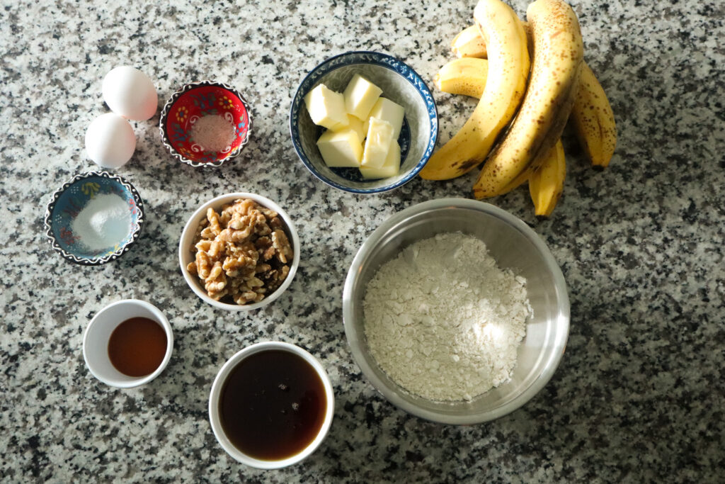 ingredients for banana bread on counter