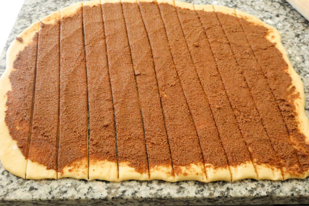 one inch strips cut through the quick cinnamon rolls dough