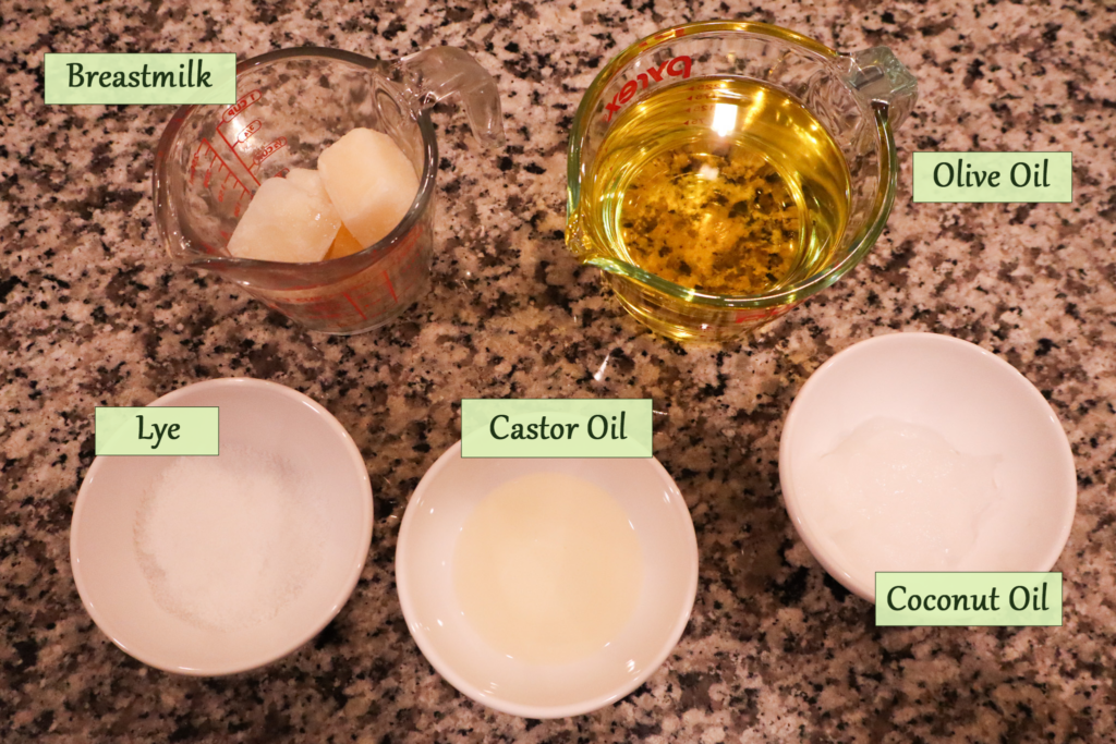 ingredients for olive oil, coconut, castor, and breastmilk soap