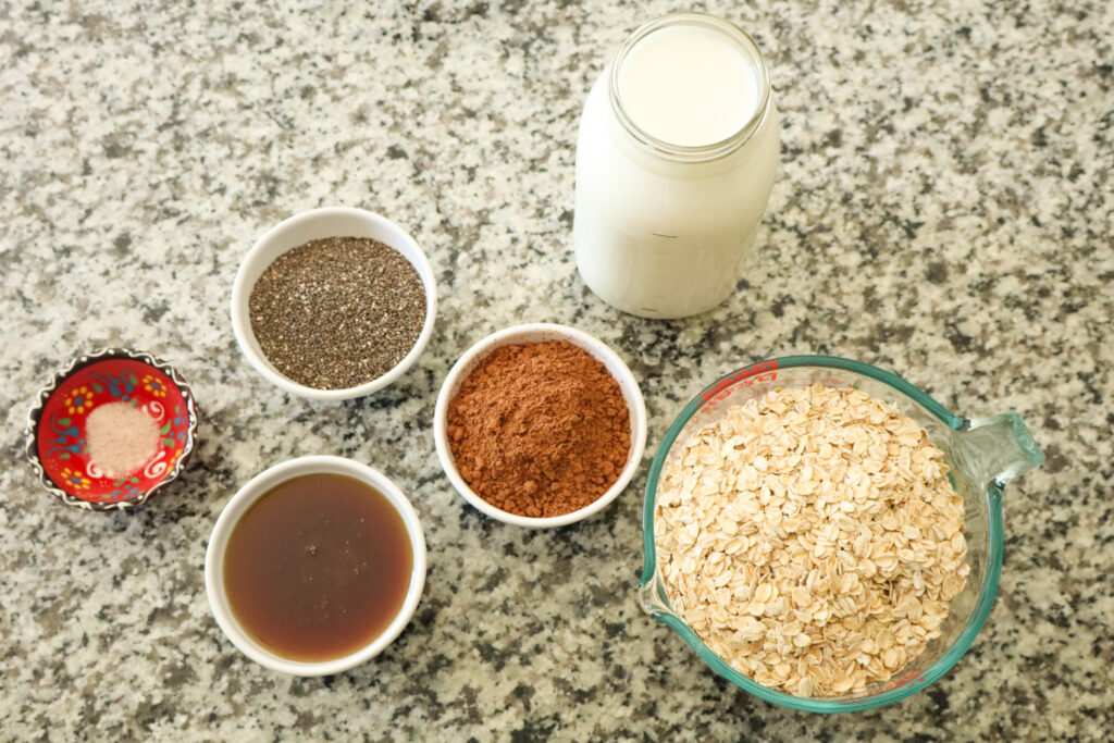 ingredients for chocolate overnight oats on counter