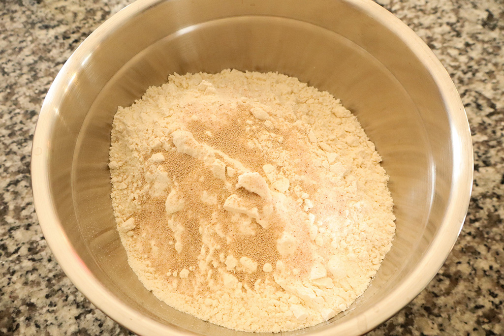 flour, salt and yeast in mixing bowl