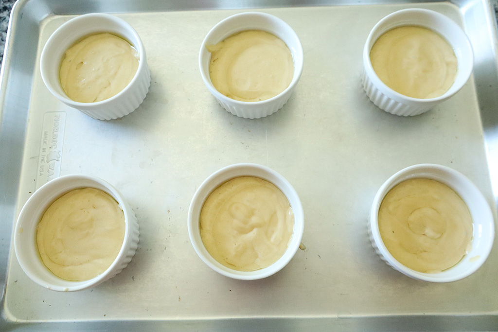 refined sugar free strawberry shortcakes batter in ramekins