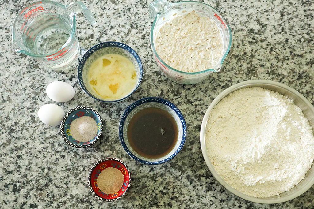 ingredients for honey oat sandwich bread
