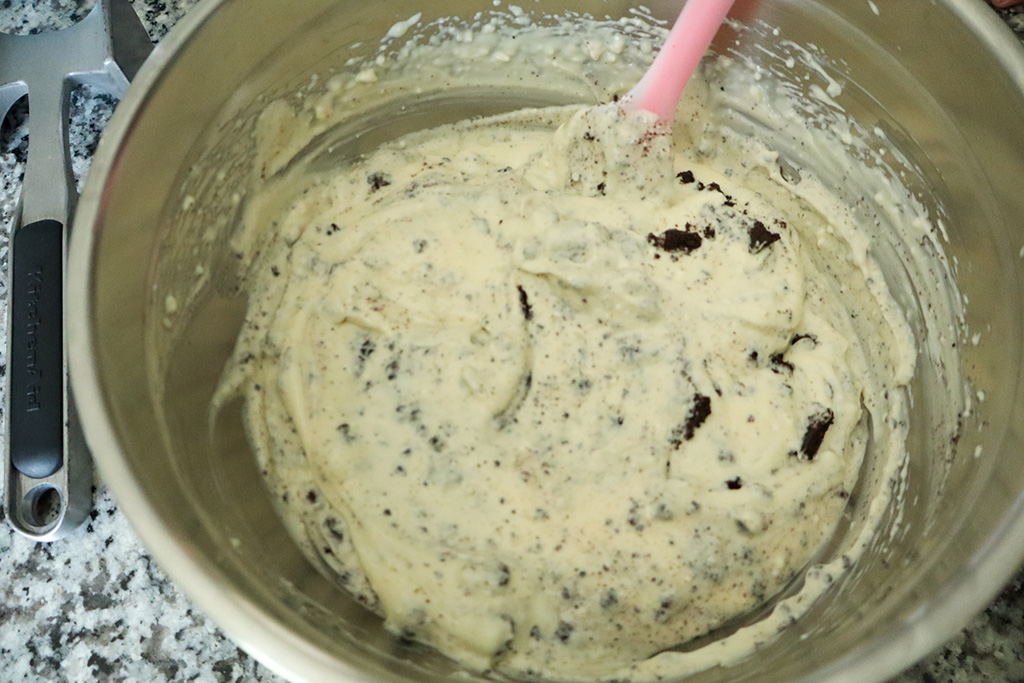 oreo cookies folded into cheesecake batter