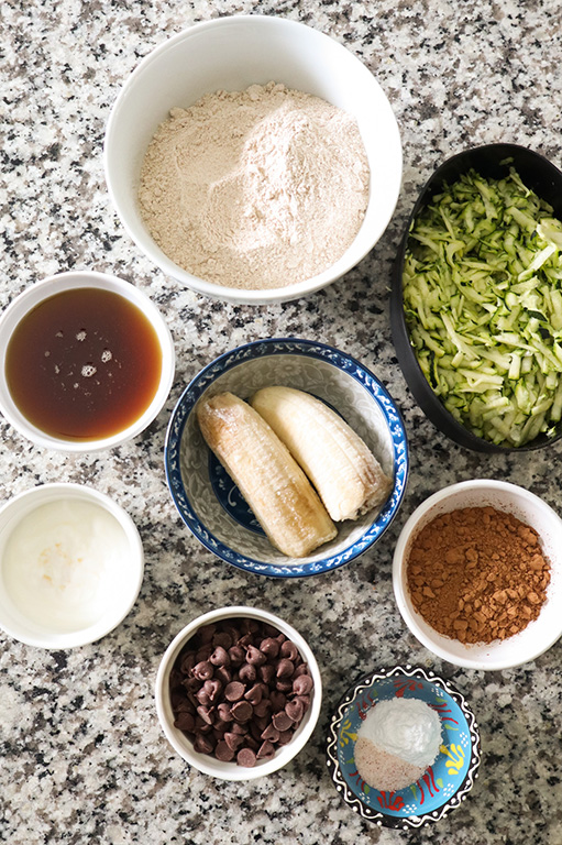 ingredients for healthy chocolate zucchini muffins
