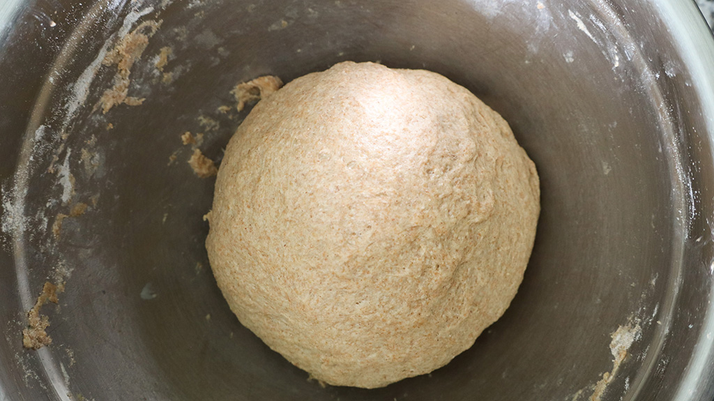 whole wheat tortilla dough in mixing bowl