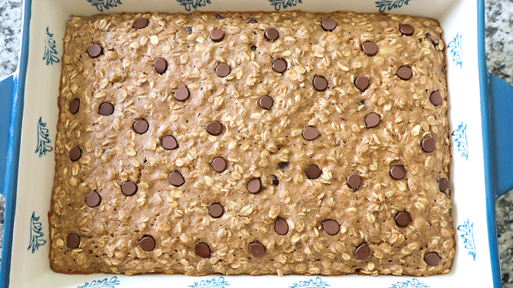 fully cooked chocolate chip banana oatmeal bars in baking dish