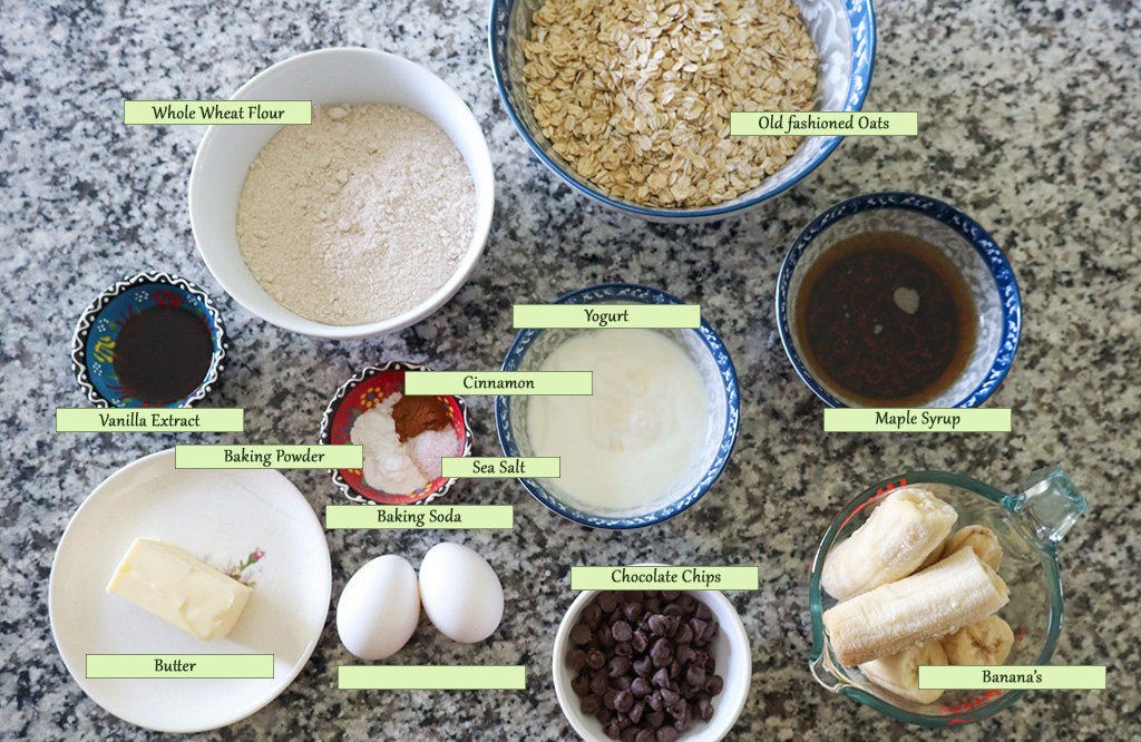 ingredients for banana chocolate chip oatmeal bars